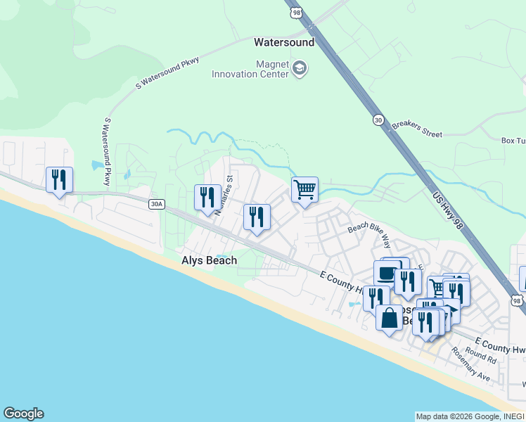 map of restaurants, bars, coffee shops, grocery stores, and more near 50 Caliza Lane in Panama City Beach