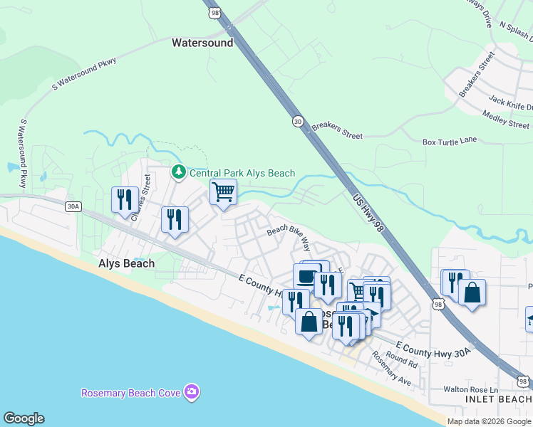 map of restaurants, bars, coffee shops, grocery stores, and more near 192 East Blue Crab Loop in Rosemary Beach