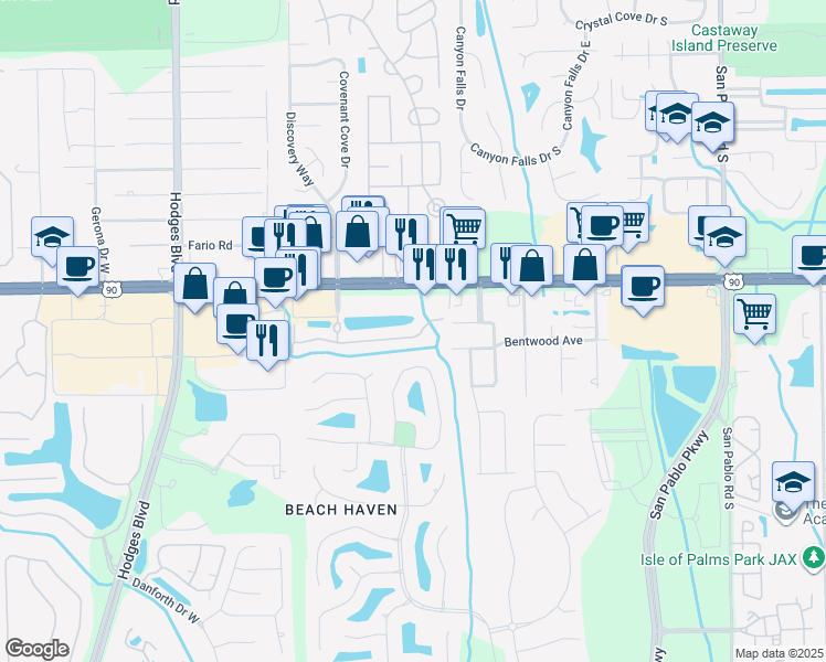 map of restaurants, bars, coffee shops, grocery stores, and more near 13843 Herons Landing Way in Jacksonville