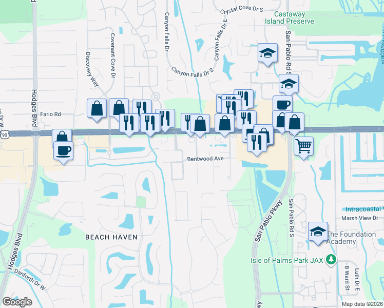 map of restaurants, bars, coffee shops, grocery stores, and more near 3370 Thalia Road in Jacksonville