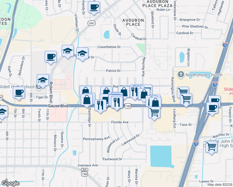 map of restaurants, bars, coffee shops, grocery stores, and more near 1110 Rue Bordeaux in Slidell