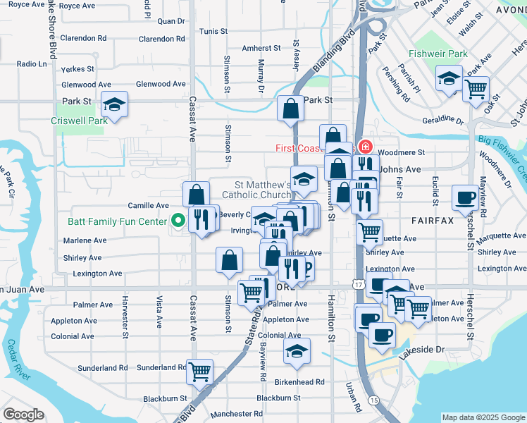 map of restaurants, bars, coffee shops, grocery stores, and more near 4648 Cardinal Boulevard in Jacksonville