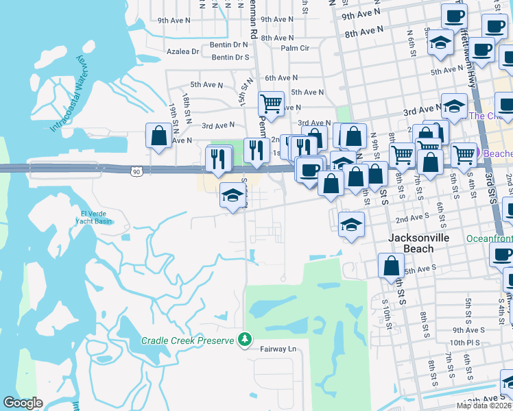 map of restaurants, bars, coffee shops, grocery stores, and more near 187 Jardin De Mer Place in Jacksonville Beach