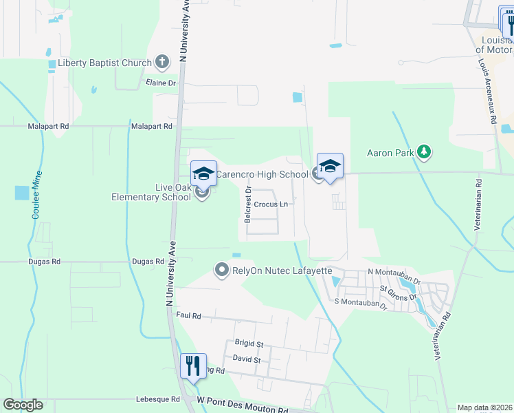 map of restaurants, bars, coffee shops, grocery stores, and more near 107 Crocus Lane in Lafayette