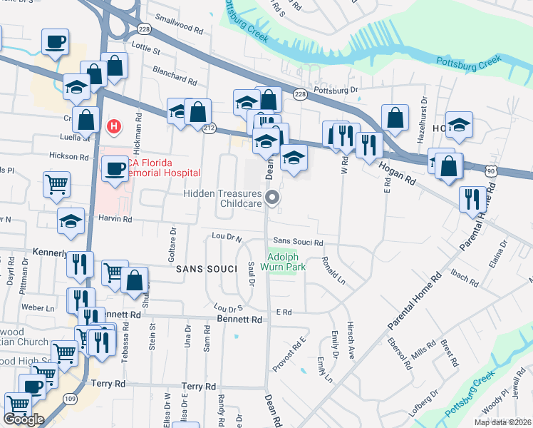 map of restaurants, bars, coffee shops, grocery stores, and more near 1920 Dean Road in Jacksonville