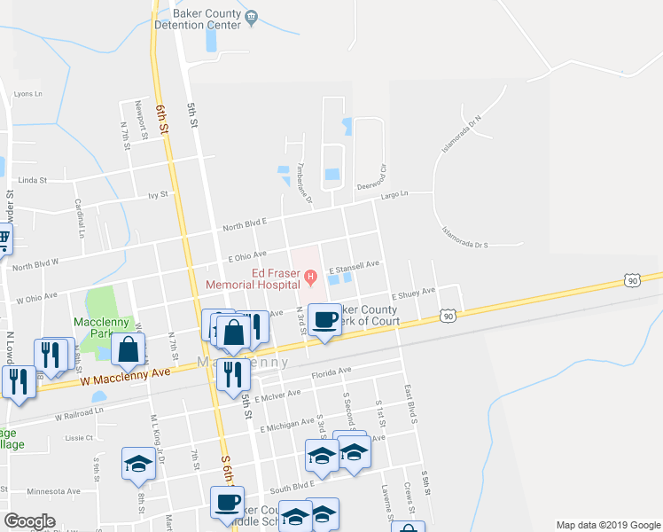 map of restaurants, bars, coffee shops, grocery stores, and more near 402 East Stansell Avenue in Macclenny
