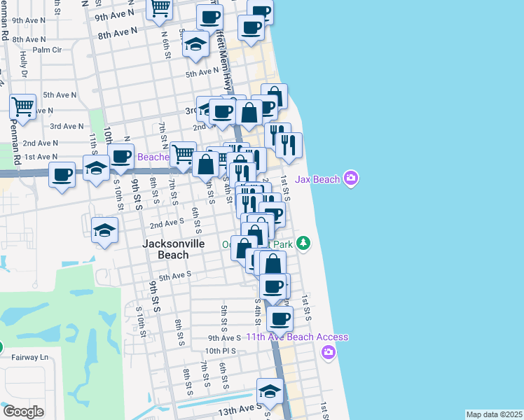 map of restaurants, bars, coffee shops, grocery stores, and more near 135 2nd Avenue South in Jacksonville Beach