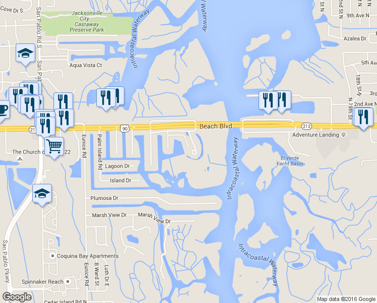 map of restaurants, bars, coffee shops, grocery stores, and more near 3351 Lighthouse Point Lane in Jacksonville