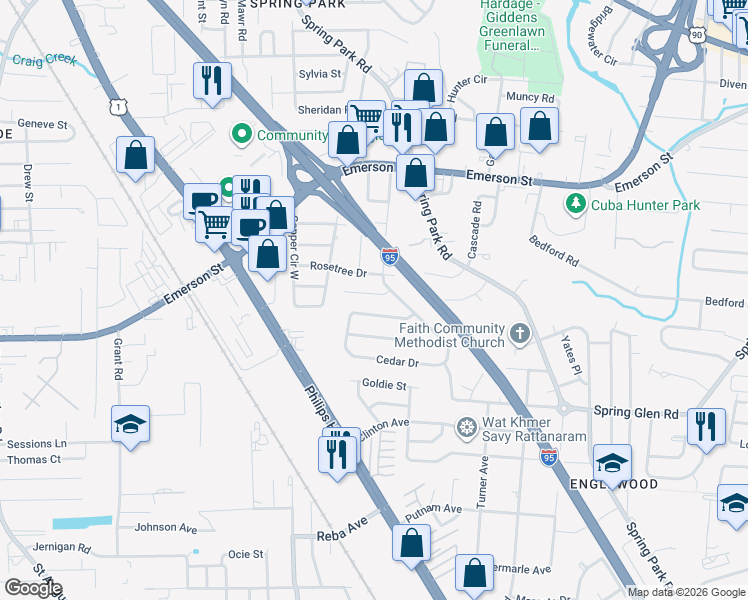 map of restaurants, bars, coffee shops, grocery stores, and more near 3820 Abby Lane in Jacksonville