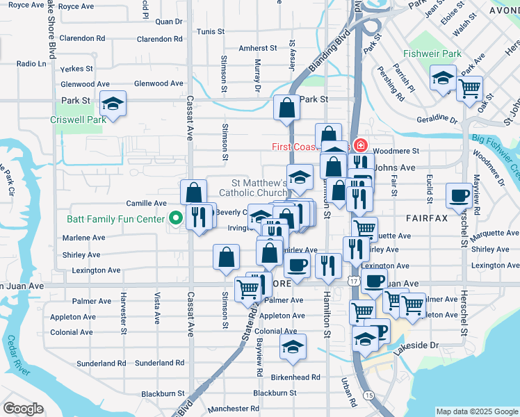 map of restaurants, bars, coffee shops, grocery stores, and more near 4648 Cardinal Boulevard in Jacksonville