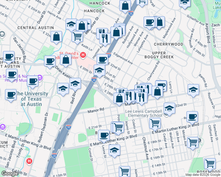 map of restaurants, bars, coffee shops, grocery stores, and more near 1300 East 29th Street in Austin