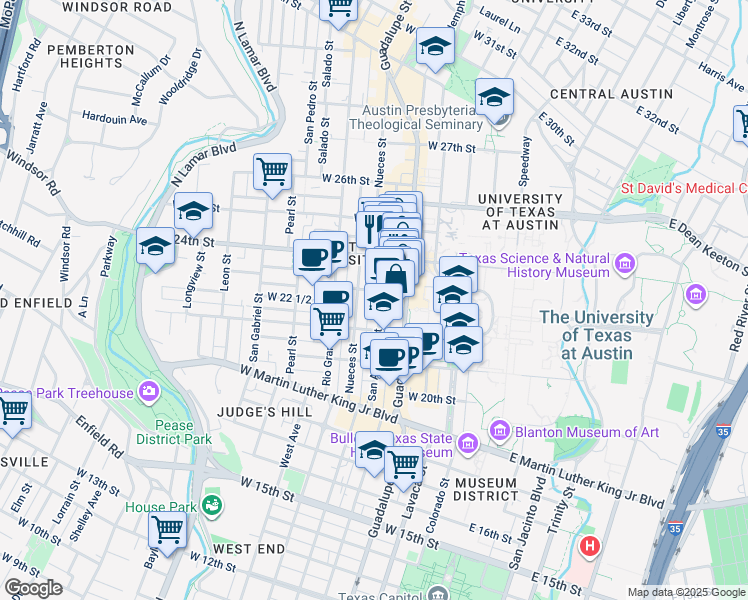 map of restaurants, bars, coffee shops, grocery stores, and more near 2305 Nueces Street in Austin