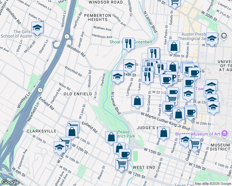 map of restaurants, bars, coffee shops, grocery stores, and more near 1211 West 22 1/2 Street in Austin