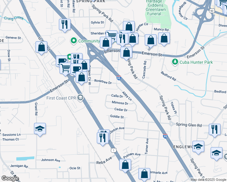 map of restaurants, bars, coffee shops, grocery stores, and more near 3820 Abby Lane in Jacksonville