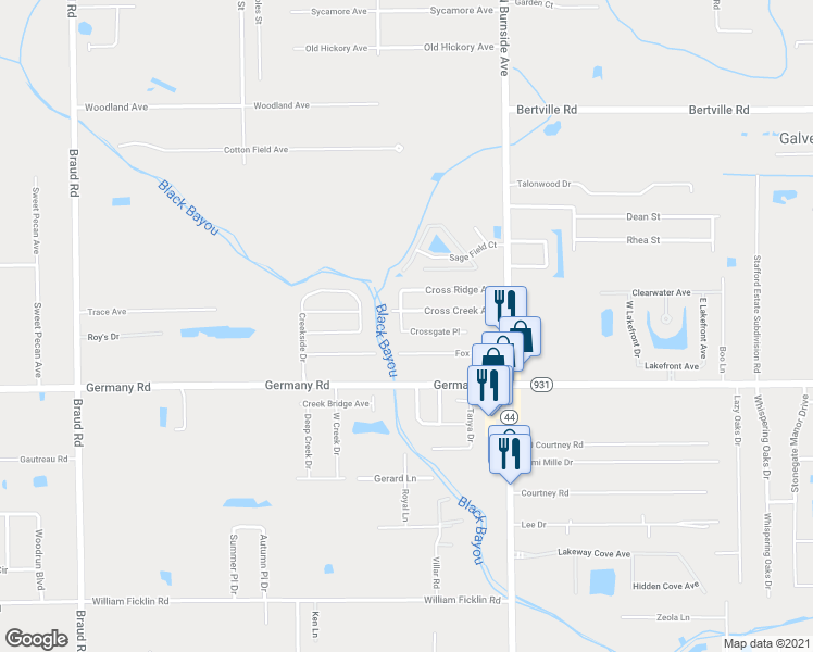 map of restaurants, bars, coffee shops, grocery stores, and more near 40420 Crossgate Place in Gonzales