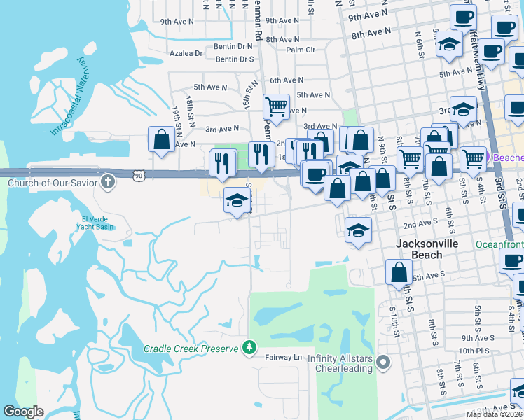 map of restaurants, bars, coffee shops, grocery stores, and more near 187 Jardin De Mer Place in Jacksonville Beach