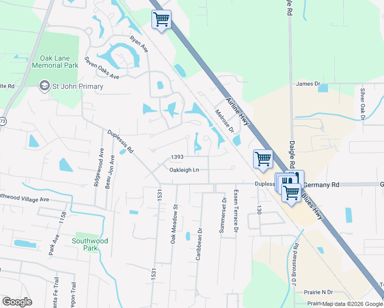 map of restaurants, bars, coffee shops, grocery stores, and more near 38348 Silverstone Avenue in Prairieville