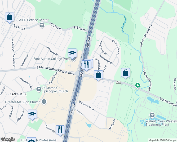 map of restaurants, bars, coffee shops, grocery stores, and more near 6121 Farm to Market 969 in Austin