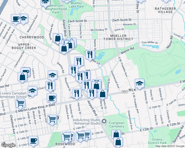 map of restaurants, bars, coffee shops, grocery stores, and more near 2213 Tillery Street in Austin