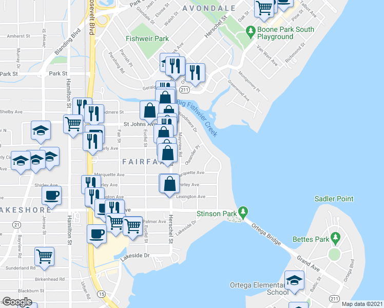 map of restaurants, bars, coffee shops, grocery stores, and more near Oleander Place in Jacksonville