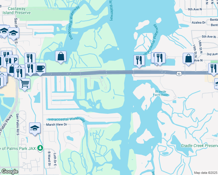 map of restaurants, bars, coffee shops, grocery stores, and more near 3351 Lighthouse Point Lane in Jacksonville