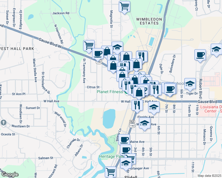 map of restaurants, bars, coffee shops, grocery stores, and more near 1250 Magnolia Street in Slidell
