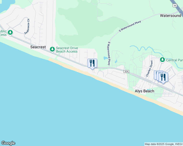 map of restaurants, bars, coffee shops, grocery stores, and more near 79 Green Street in Panama City Beach