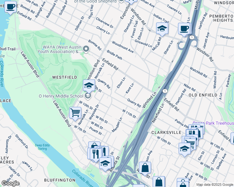 map of restaurants, bars, coffee shops, grocery stores, and more near Quarry Road in Austin