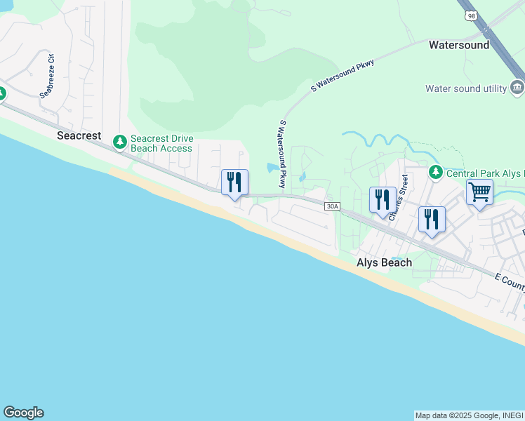 map of restaurants, bars, coffee shops, grocery stores, and more near 9064 East County Highway 30A in Panama City Beach