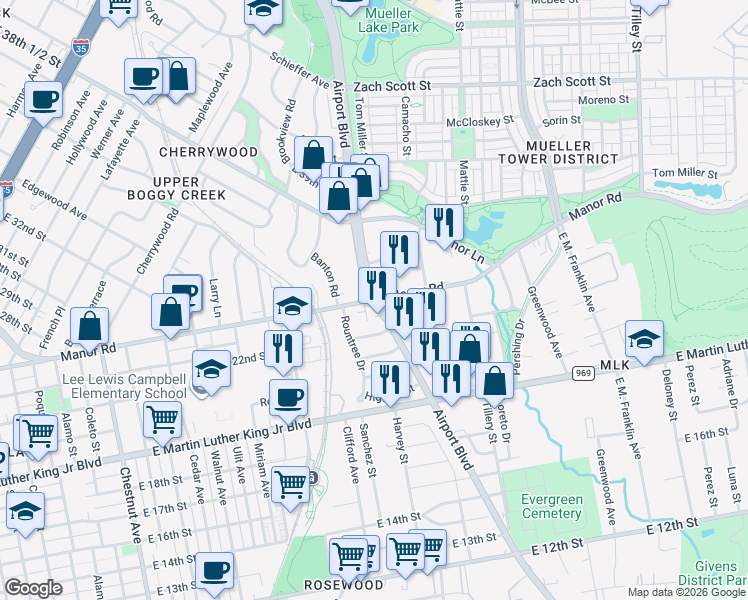 map of restaurants, bars, coffee shops, grocery stores, and more near Airport Blvd & Manor Rd in Austin