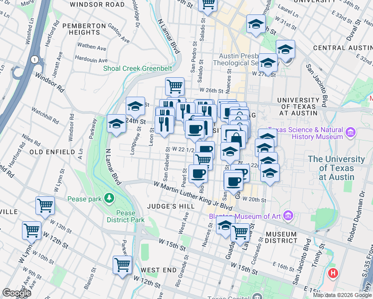 map of restaurants, bars, coffee shops, grocery stores, and more near Pearl St & W 22 1/2 St in Austin