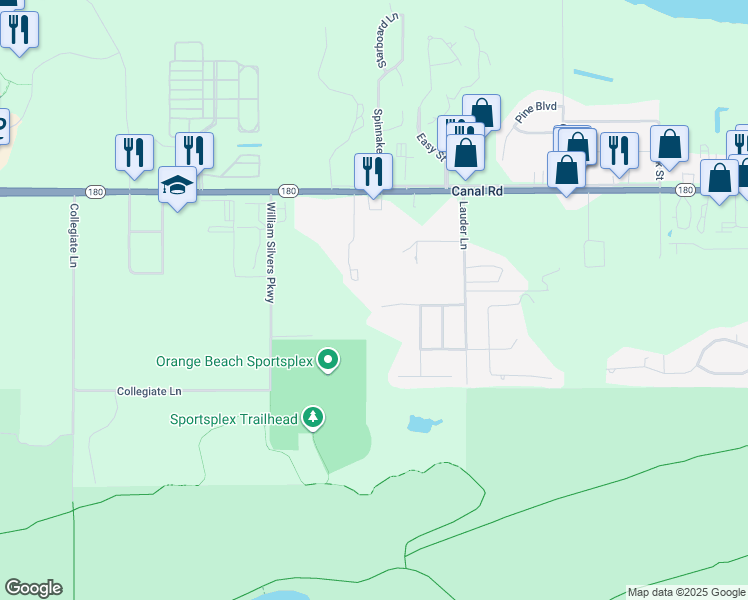 map of restaurants, bars, coffee shops, grocery stores, and more near 24379 Sailfish Lane in Orange Beach