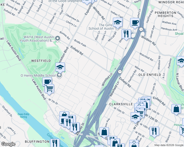 map of restaurants, bars, coffee shops, grocery stores, and more near 1311 Kent Lane in Austin