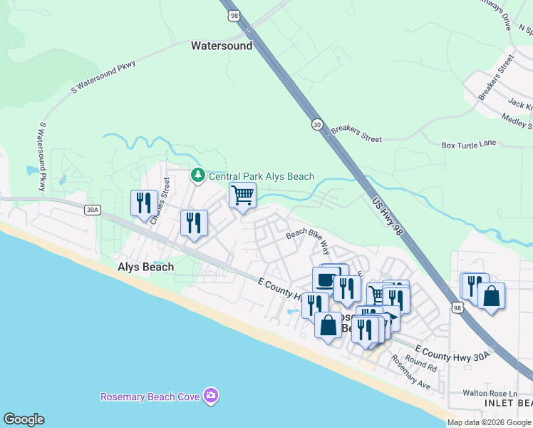 map of restaurants, bars, coffee shops, grocery stores, and more near 7 Endless Summer Way West in Panama City Beach