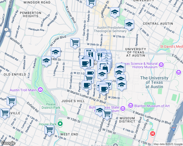 map of restaurants, bars, coffee shops, grocery stores, and more near 2222 1/2 Rio Grande Street in Austin
