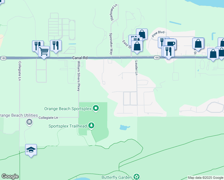 map of restaurants, bars, coffee shops, grocery stores, and more near 24381 Sailfish Lane in Orange Beach