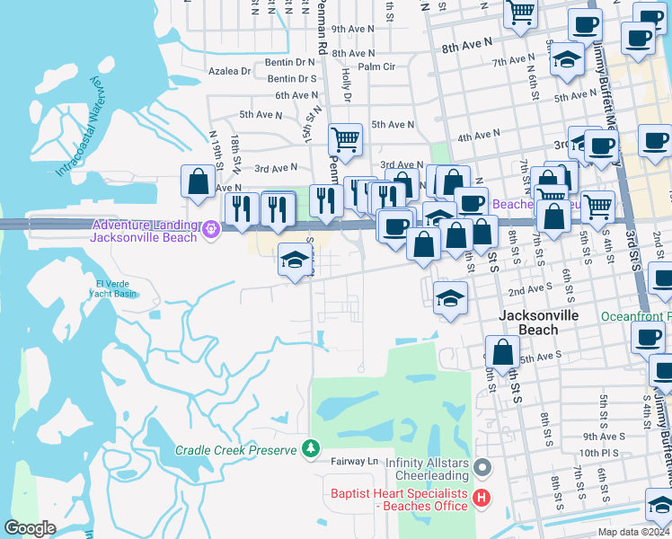 map of restaurants, bars, coffee shops, grocery stores, and more near 187 Jardin De Mer Place in Jacksonville Beach