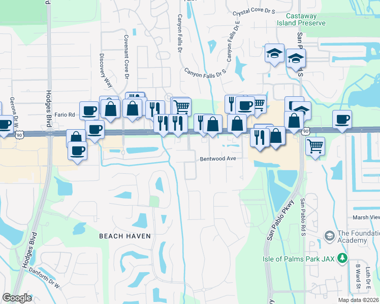 map of restaurants, bars, coffee shops, grocery stores, and more near 3339 Aldridge Mall in Jacksonville