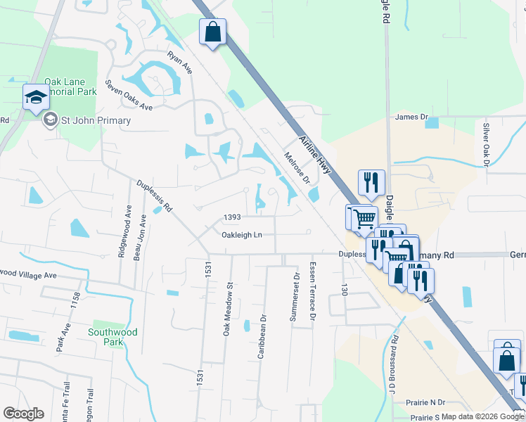 map of restaurants, bars, coffee shops, grocery stores, and more near 38348 Silverstone Ave in Prairieville