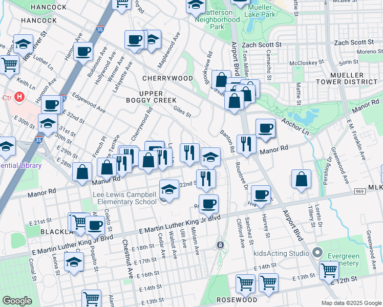 map of restaurants, bars, coffee shops, grocery stores, and more near 3310 Randolph Road in Austin