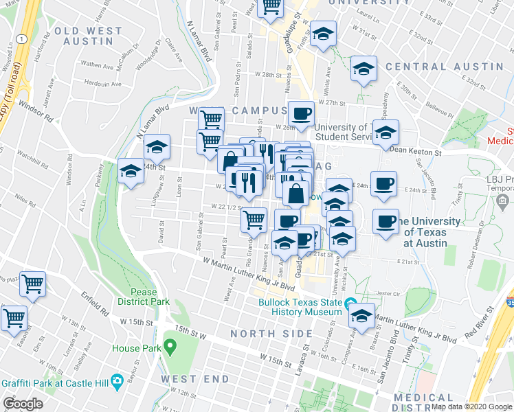 map of restaurants, bars, coffee shops, grocery stores, and more near 2222 1/2 Rio Grande Street in Austin