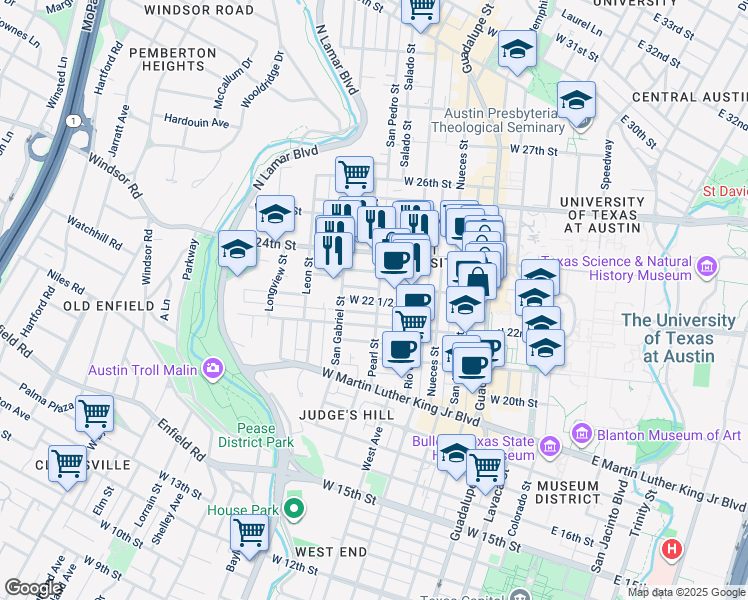 map of restaurants, bars, coffee shops, grocery stores, and more near 2 West 22 1/2 Street in Austin