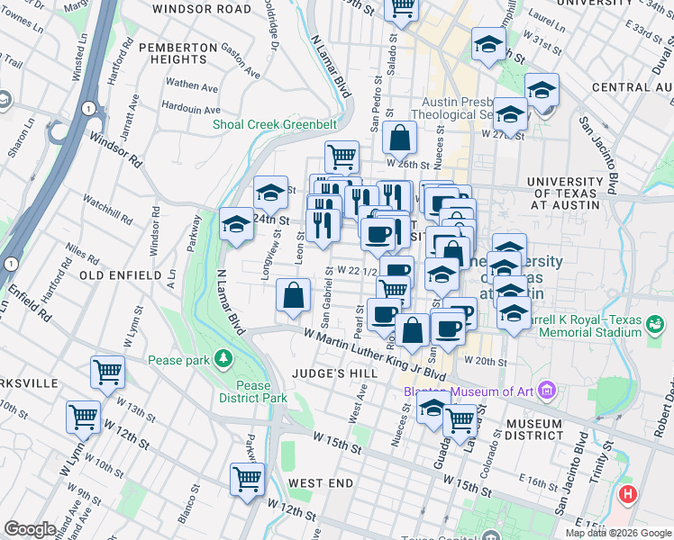 map of restaurants, bars, coffee shops, grocery stores, and more near 910 West 22 1/2 Street in Austin