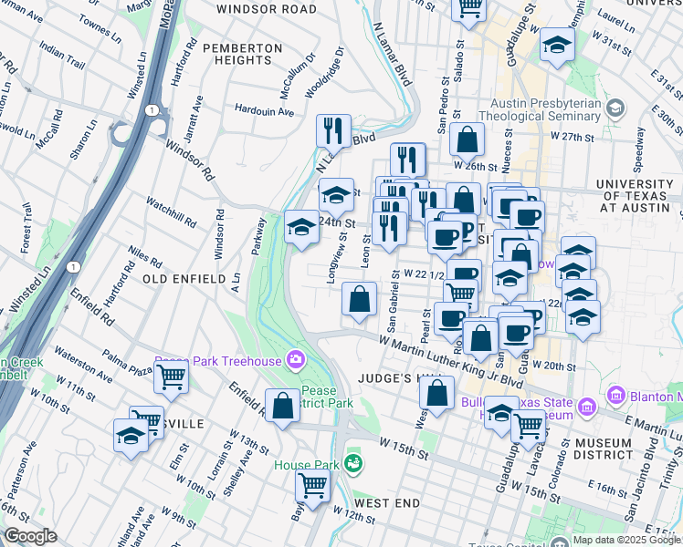 map of restaurants, bars, coffee shops, grocery stores, and more near 1111 West 22 1/2 Street in Austin