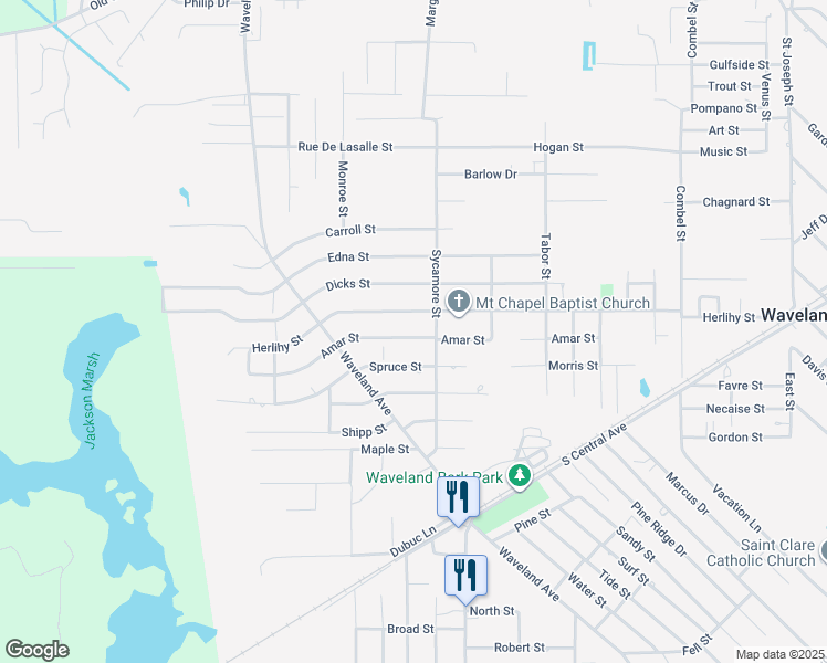 map of restaurants, bars, coffee shops, grocery stores, and more near 810 Amar Street in Waveland