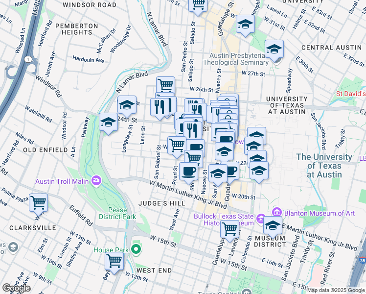 map of restaurants, bars, coffee shops, grocery stores, and more near 2 West 22 1/2 Street in Austin