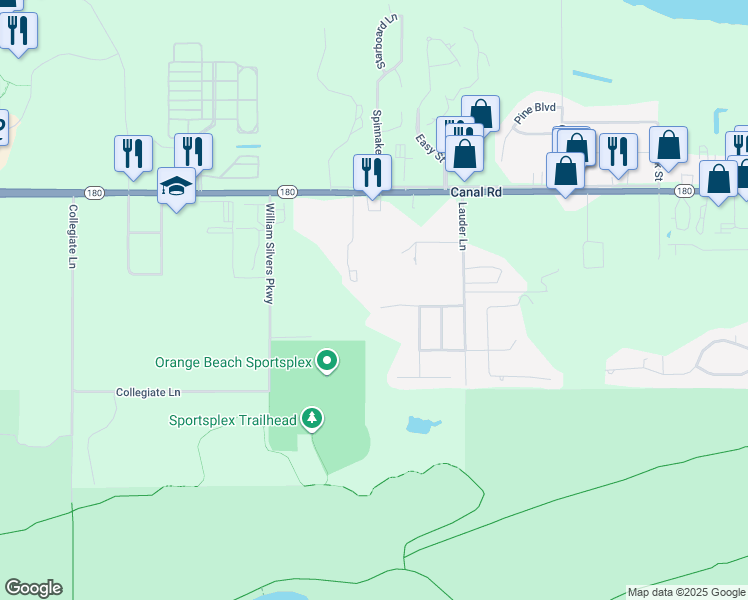 map of restaurants, bars, coffee shops, grocery stores, and more near 24379 Sailfish Lane in Orange Beach