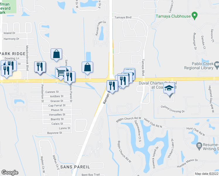 map of restaurants, bars, coffee shops, grocery stores, and more near 3601 Kernan Blvd in Jacksonville