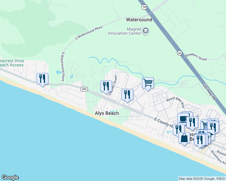 map of restaurants, bars, coffee shops, grocery stores, and more near 86 Charlestown Avenue in Panama City Beach