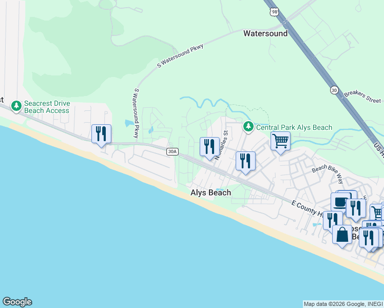 map of restaurants, bars, coffee shops, grocery stores, and more near 9369 East County Highway 30A in Rosemary Beach